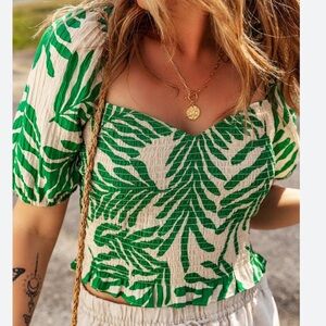 H&M Green and Tan Leaf Pattern Blouse